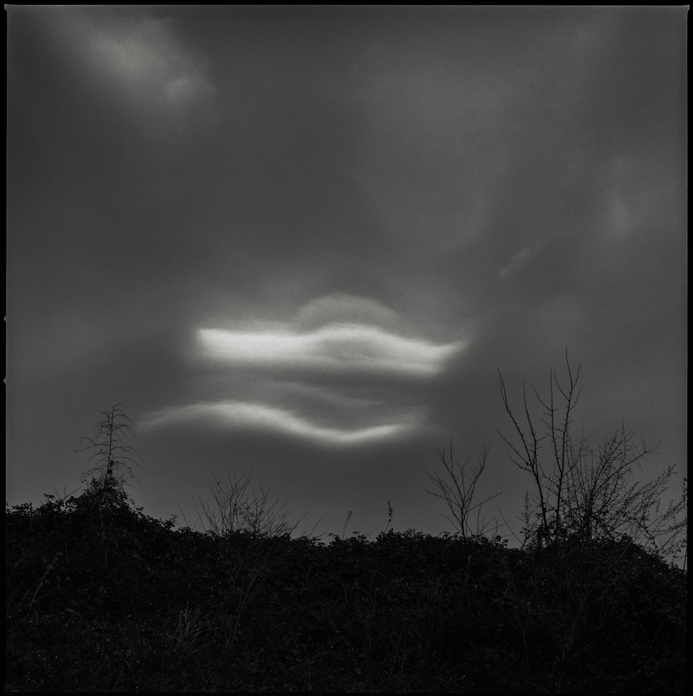 Black-and-white photograph: clouds over scrubland, medium-format film
